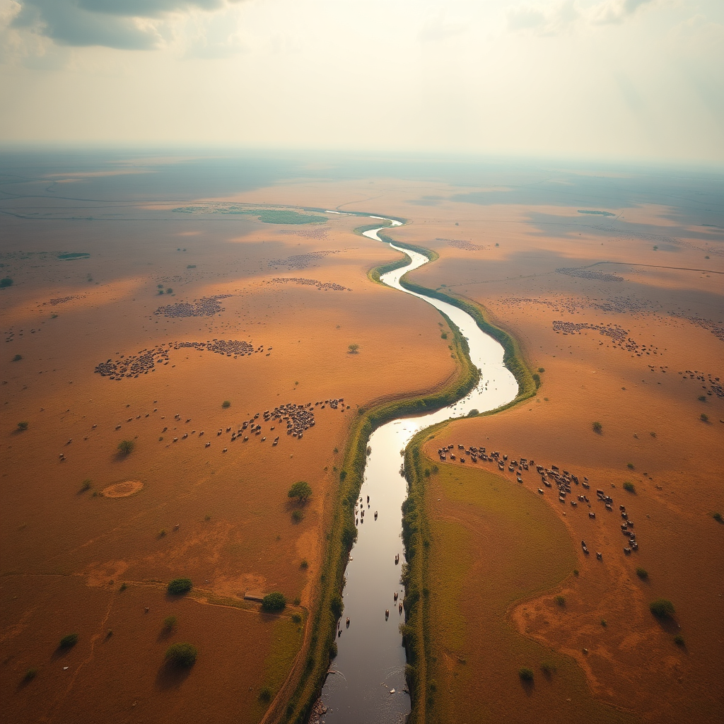 A wide-angle, aerial view of the African savanna stretching to the horizon. A river snakes through the landscape, and herds of animals graze peacefully. The color palette is dominated by warm, earthy tones and vibrant greens. Capture the sense of scale and the unspoiled beauty of the wilderness. 4K resolution, hyperrealistic detail.