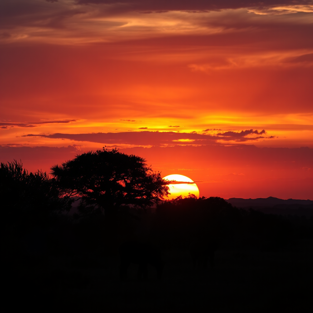 A wide-angle, photorealistic image of an African sunset over the savanna. Silhouetted trees and wildlife are visible in the foreground. The sky is ablaze with vibrant colors of orange, red, and purple. Capture the beauty and tranquility of the African sunset. 4K resolution, hyperrealistic detail.