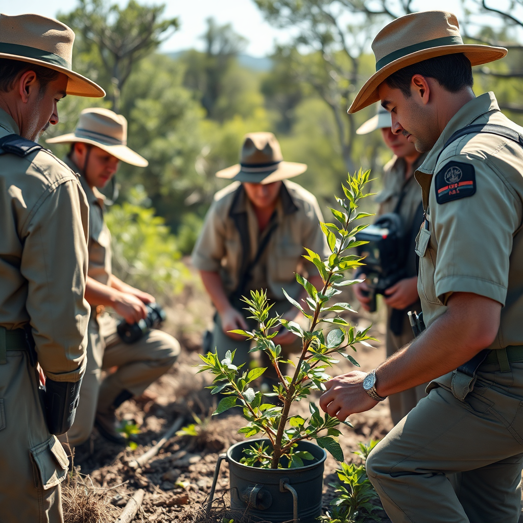 An image showing a group of people, some in safari clothing, working together in a wildlife conservation area. One person might be tending to a young tree, another monitoring equipment. The focus is on collaborative action and the positive impact on the environment. The lighting is bright and natural, highlighting the vibrancy of the ecosystem. Render in 4K.
