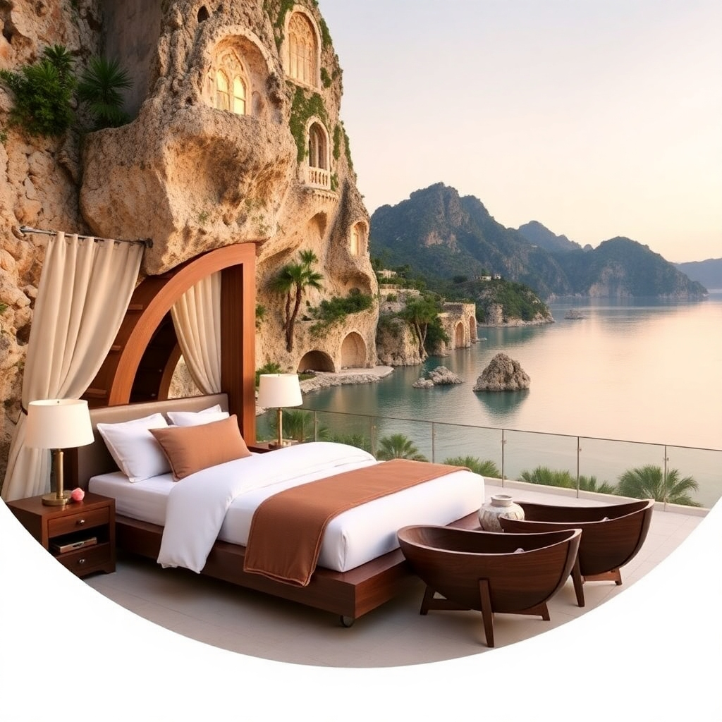 Create a photorealistic image of a luxurious resort overlooking a pristine beach. The scene should include a private pool, a sun deck, and breathtaking views of the ocean. The lighting should be golden and inviting, creating a sense of relaxation and indulgence. The color palette should be rich and luxurious, reflecting the opulence of the resort. The overall style should convey the ultimate in luxury travel experiences.