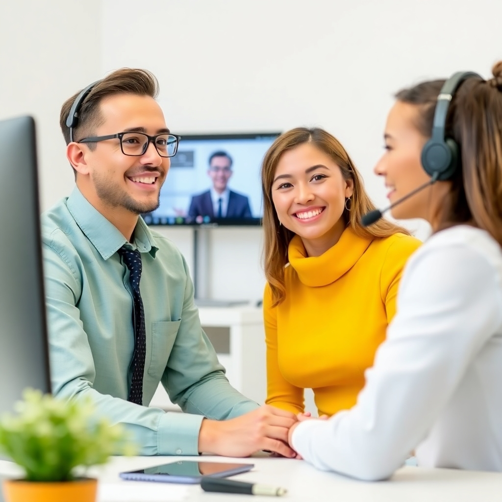 A friendly and helpful support agent is shown assisting a client through a video call. The agent's environment is a clean and professional office.