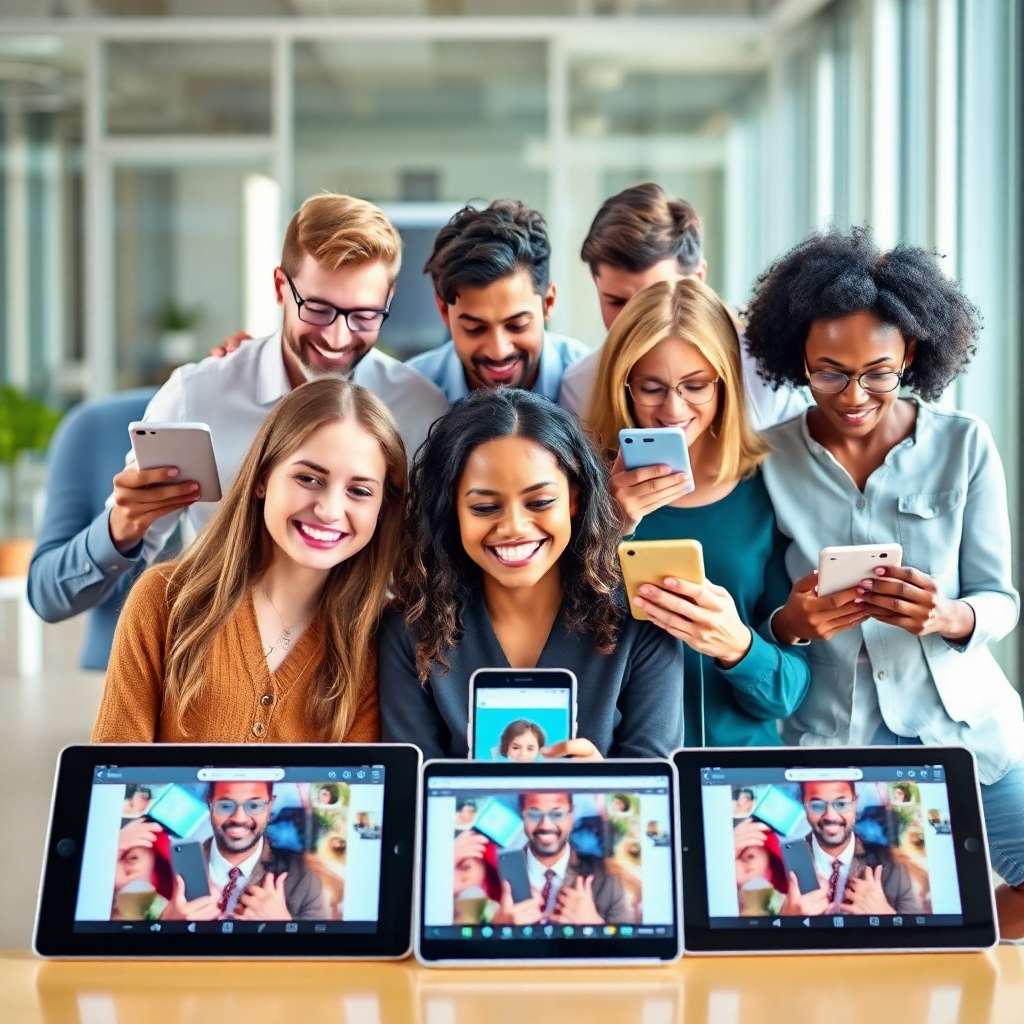  A group of diverse users are interacting happily with an application on various devices. The devices show the same application. The setting is bright and modern. The goal is to demonstrate ease of use of the application.