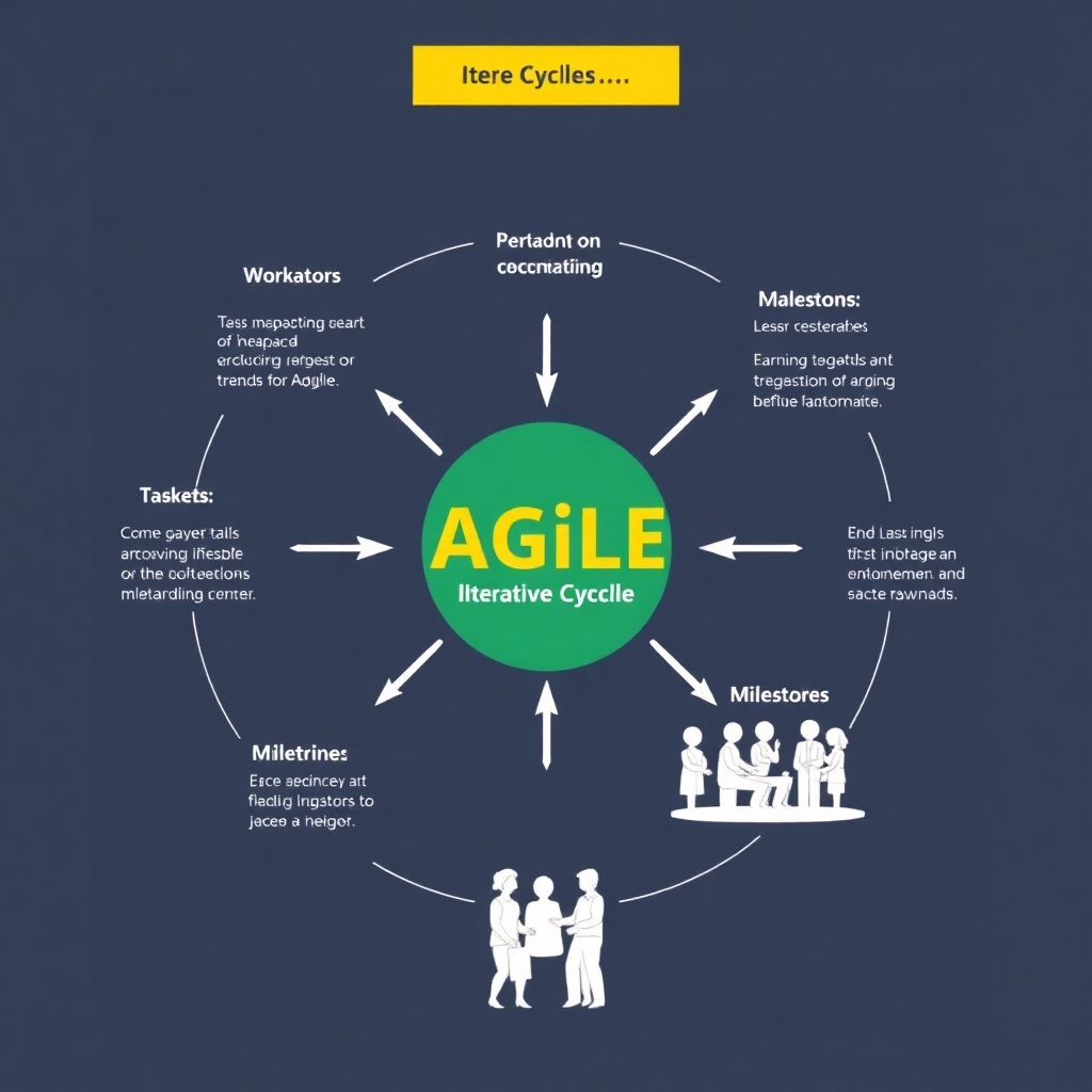 A visual representation of the Agile development methodology, showcasing iterative cycles. The image consists of various tasks being worked on, a team collaborating, and milestones being hit.
