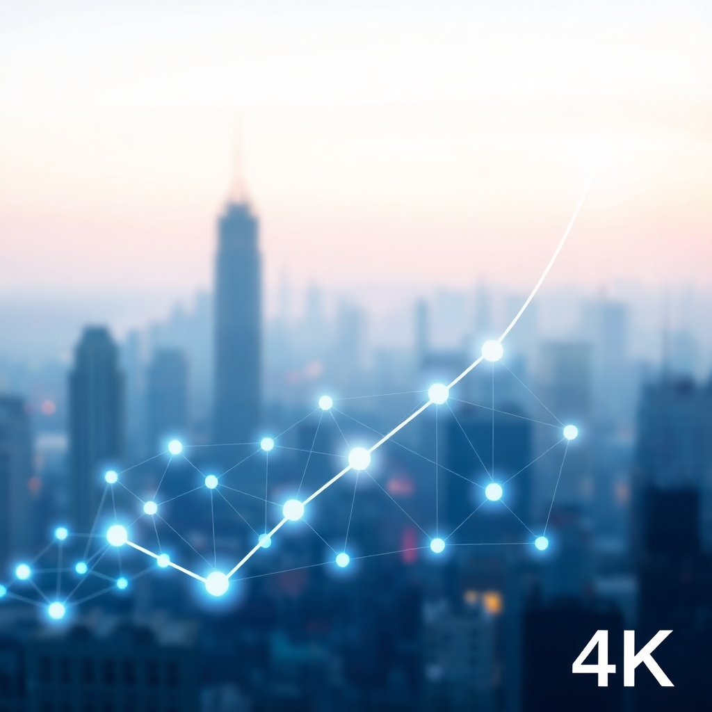  Create a 4K image showcasing a stylized graph with an upward trend. The graph should be visually appealing, with interconnected nodes representing users and data. The background is a subtle, futuristic cityscape.