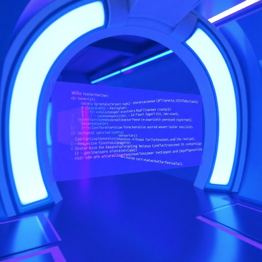 Create a futuristic testing environment, with lines of code being scanned and tested. The overall look is clean, sleek, and high-tech, using primarily blue and purple tones.