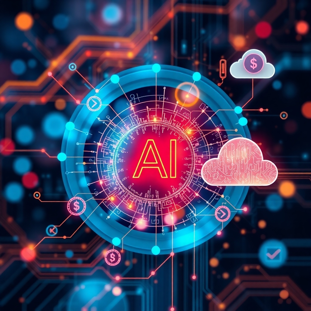 Create a high-tech abstract image showcasing various cutting-edge technologies. The image should include elements of AI, blockchain, and cloud computing.