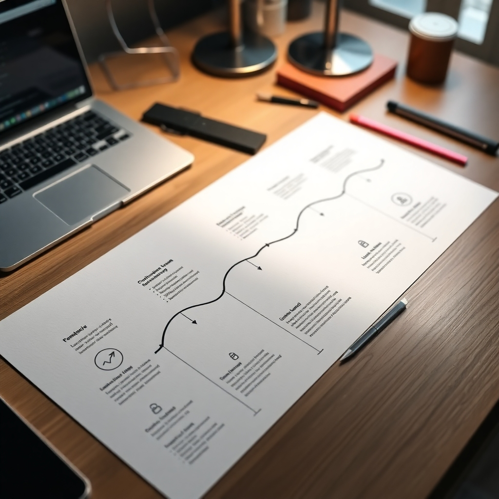  Create a photorealistic 4k image depicting a roadmap going from a simple sketch of a logo to a fully rendered online product. The roadmap is on a desk with a laptop and design tools around it. The lighting is focused on the roadmap, highlighting the different stages of development.