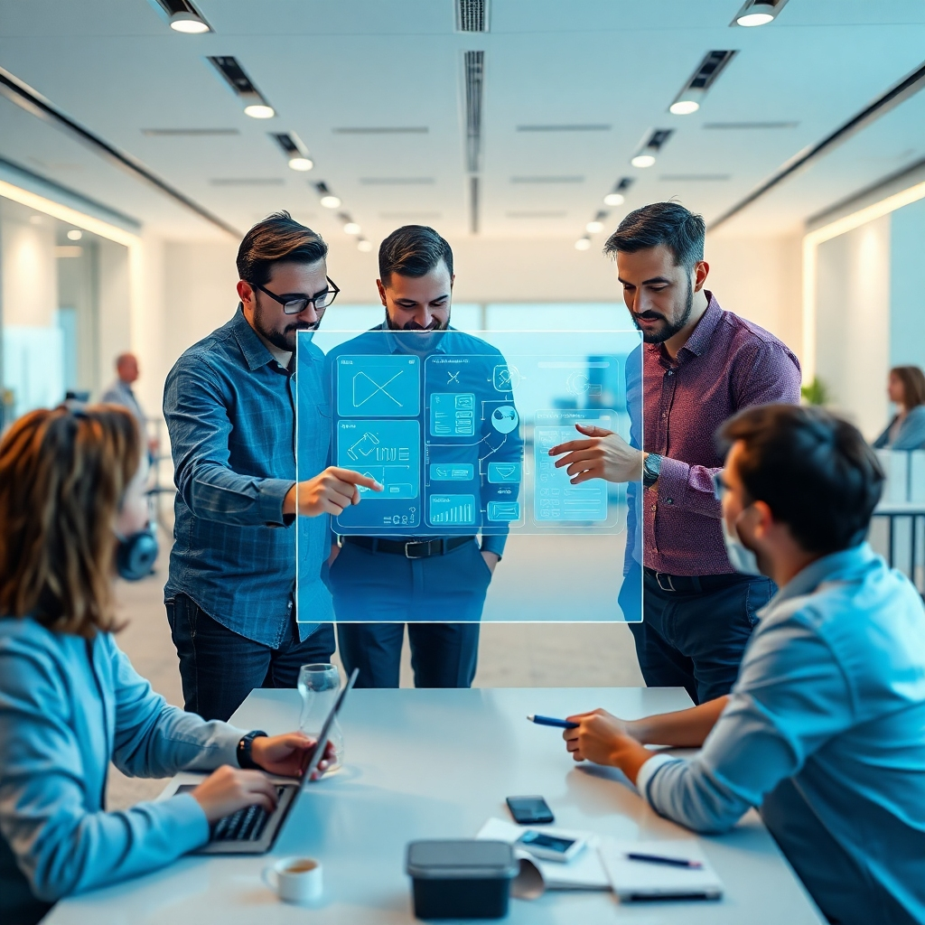 Create a photorealistic, 8K resolution hero image. The scene depicts a diverse team collaborating around a holographic projection of a complex application interface. Developers are pointing, discussing, and interacting with the hologram. The background subtly showcases a modern, minimalist office space filled with advanced technology. Soft, diffused lighting highlights the intricate details of the hologram and the team's expressions. Color palette should be a blend of cool blues and vibrant accent colors to represent innovation and creativity. The camera angle should be slightly low, emphasizing the scale and importance of the online product being developed. Pay attention to texture details on clothing, skin, and the holographic projection. This image should convey the collaborative and innovative spirit of ymotm, emphasizing how we bring digital ideas into reality. Hyperrealistic rendering is a must.
