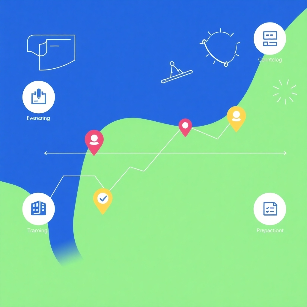 Create a stylized 4k image of a blueprint with various data points and icons representing project milestones. The style should be clean and modern, and the color scheme should use blues and greens.
