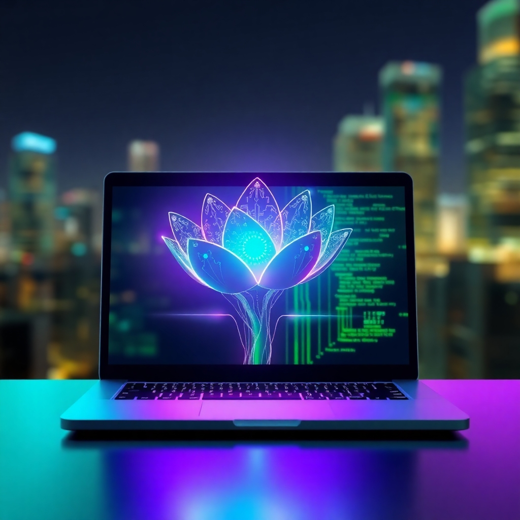 Create a stylized, 4K resolution image representing the concept of digital creation. The central focus is a blossoming digital flower emerging from a laptop screen. The flower petals are crafted from interconnected circuit boards and glowing code. The background features a blurred cityscape, symbolizing the vast potential of online applications. Lighting is soft and ethereal, with a vibrant color palette dominated by greens, blues, and purples. The camera angle is slightly elevated, capturing the full beauty of the digital flower. The overall style should be modern and artistic, conveying the idea of growth and innovation in digital development.