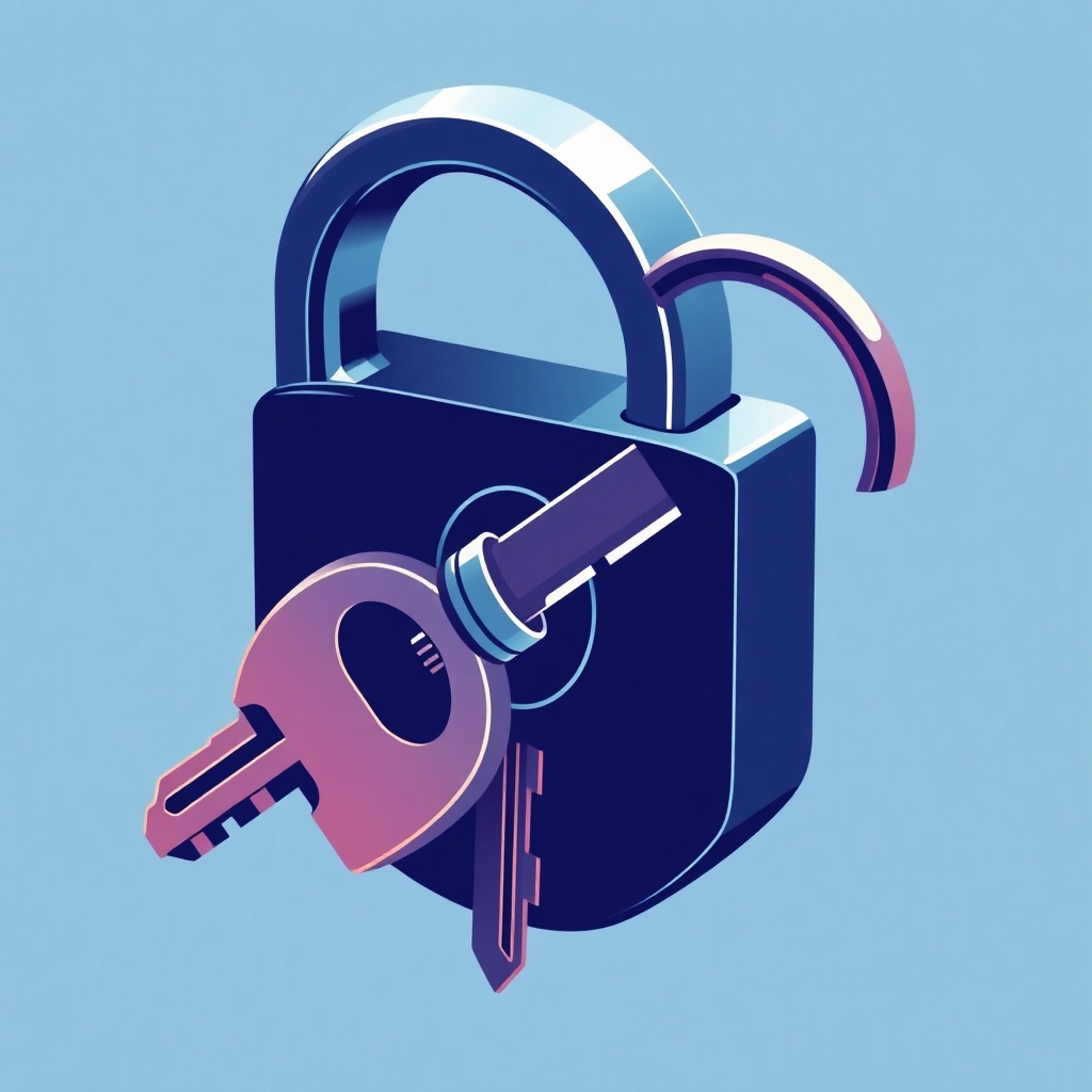 Create a stylized image showing a key fitting perfectly into a lock. The key and lock are futuristic in design. The color scheme is cool and modern.