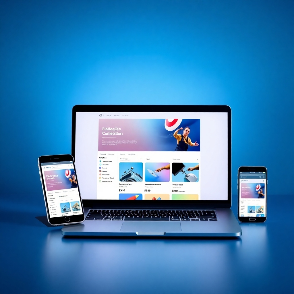 Create an image showcasing a fully functional web application displayed on various devices (laptop, tablet, phone). The application should look modern and visually appealing.