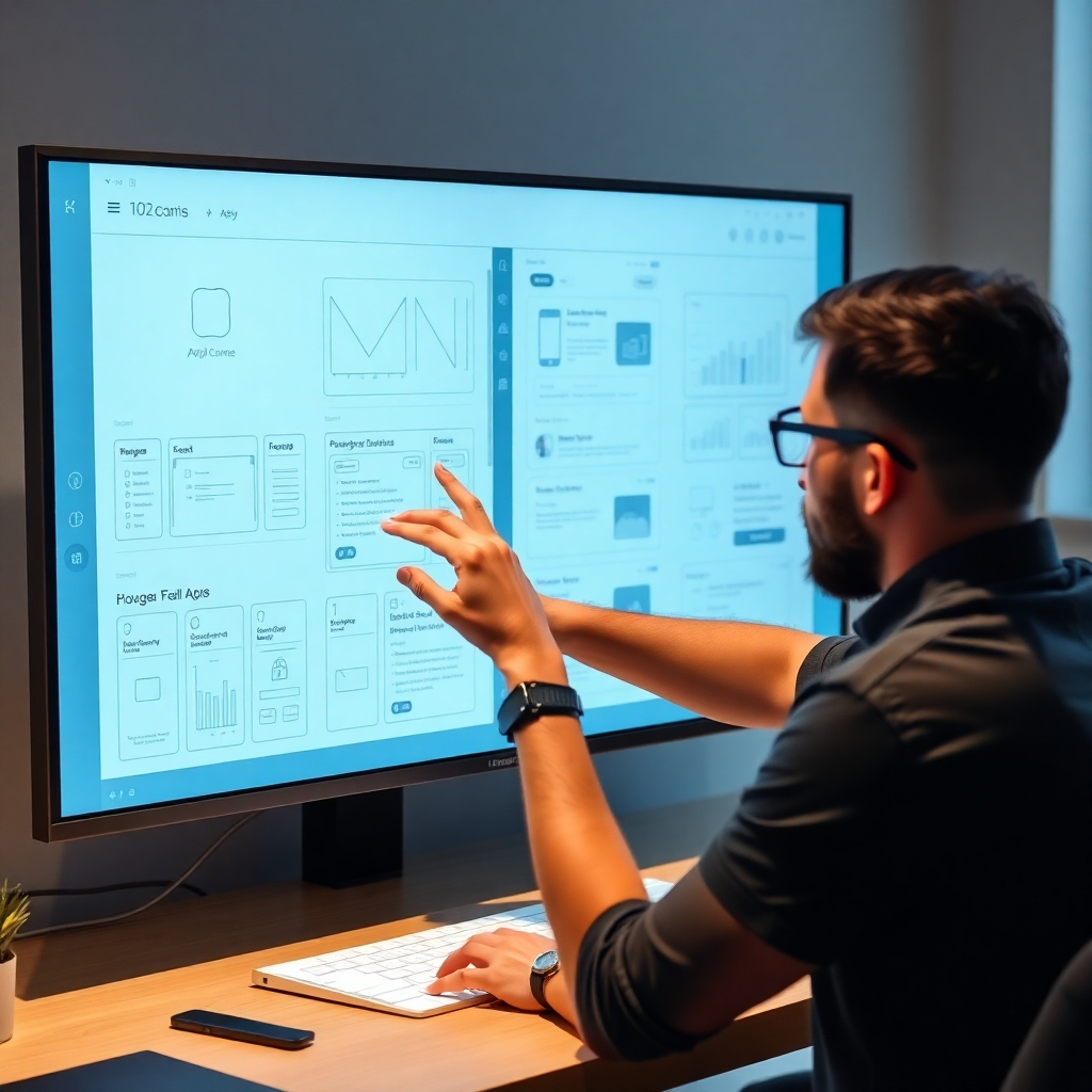Show a designer working on UI/UX of an app on a large touch screen monitor. The monitor displays wireframes and mockups of the application interface.