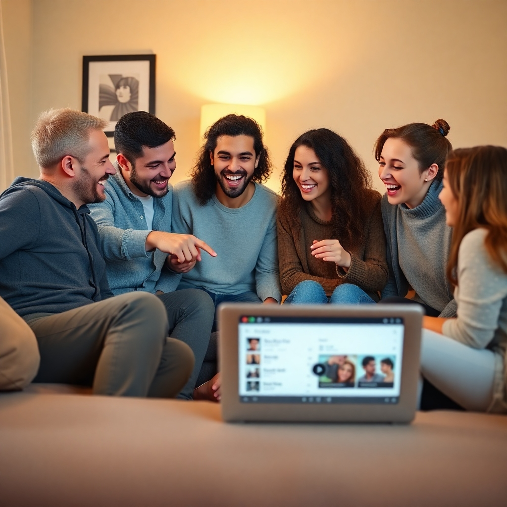 A photorealistic image featuring a group of friends gathered around a laptop, excitedly sharing music playlists. One friend is pointing at the screen, while others are laughing and enjoying the music. The setting is a cozy living room with soft lighting and comfortable furniture. The laptop displays the soli-deo interface with collaborative playlist features. The overall atmosphere should be warm and inviting, emphasizing the social aspect of sharing music.