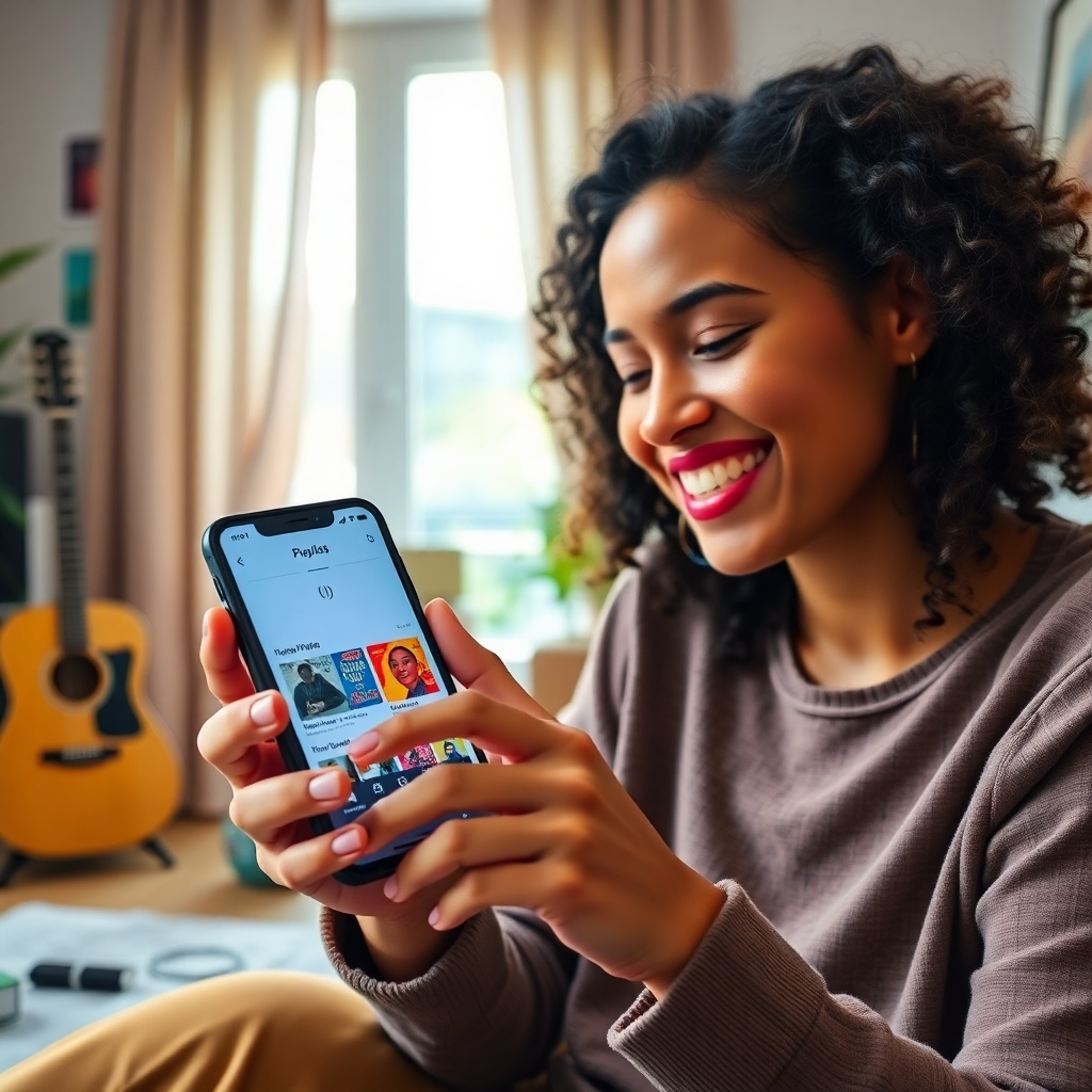 A photorealistic image of a person smiling while organizing music playlists on their phone, highlighting the joy of curating personalized music selections. The background should be a vibrant and modern apartment with a touch of musical instruments subtly placed. The phone screen displays a playlist interface with colorful album art and song titles. Soft, natural light filters through the window, casting a warm glow on the scene.