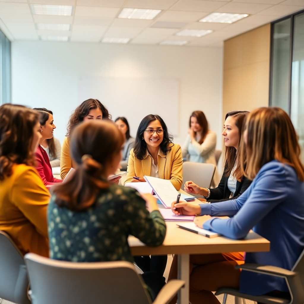 Create a dynamic image of a group of women actively participating in a financial workshop. The scene should show them engaged in discussions, taking notes, and working on exercises. The setting is a bright and modern classroom. The atmosphere is energetic and collaborative.