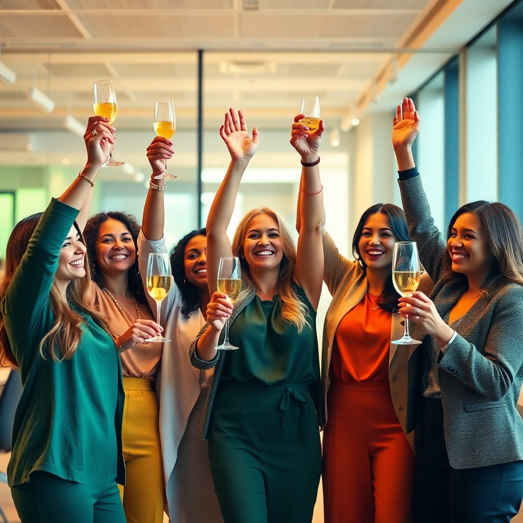 Create a photorealistic image of a diverse group of women celebrating a success together in a modern office setting. They are raising their hands in the air, smiling, and holding champagne glasses. The lighting is bright and festive, creating a sense of joy and accomplishment. The color palette is warm and inviting, with golds, yellows, and greens. The image should convey the idea of community, support, and the power of shared success.