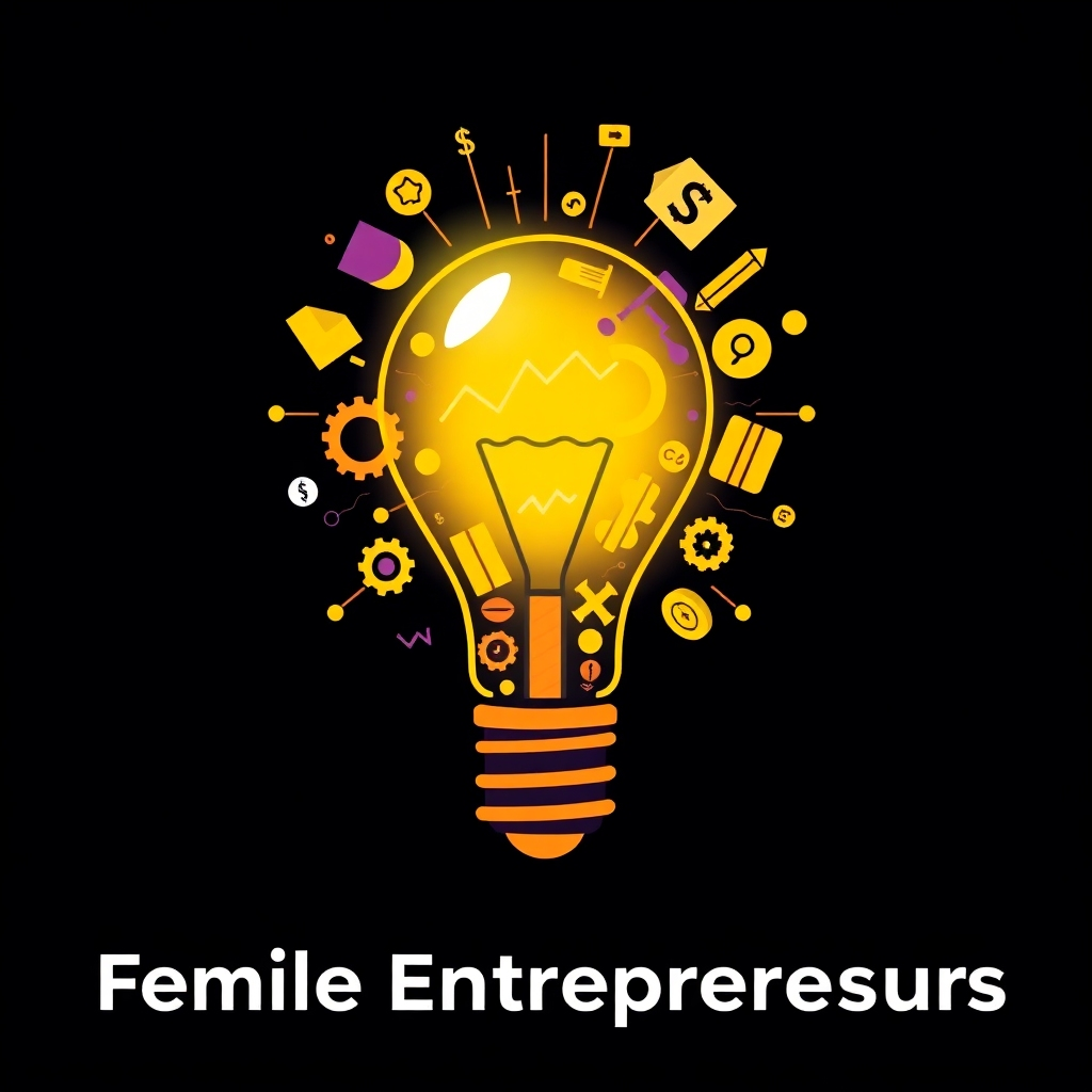 Create a stylized image of a lightbulb filled with symbols representing entrepreneurship, such as gears, graphs, and coins. The lightbulb is shining brightly, illuminating a dark background. The color palette is bold and energetic, with yellows, oranges, and purples. The image should convey the idea of innovation, creativity, and empowerment for female entrepreneurs.