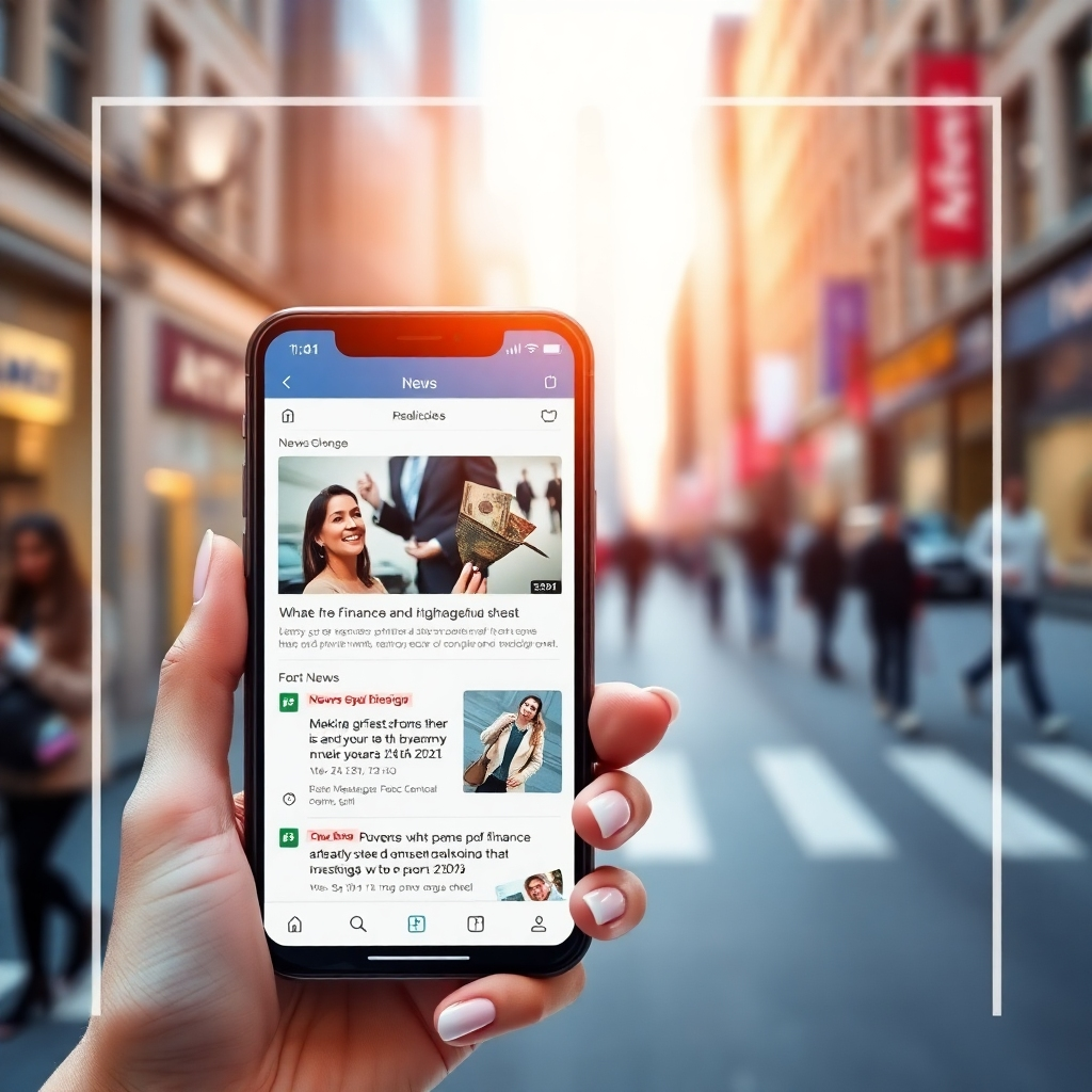 Create a visually engaging image of a smartphone displaying a news feed with headlines related to finance and investment. The phone is held in a woman's hand, with a blurred background of a bustling city street. The lighting is bright and dynamic, reflecting the fast-paced nature of the news cycle. The color palette is modern and professional, with blues, greys, and pops of vibrant colors. The image should convey the idea of staying informed and connected to the financial world.