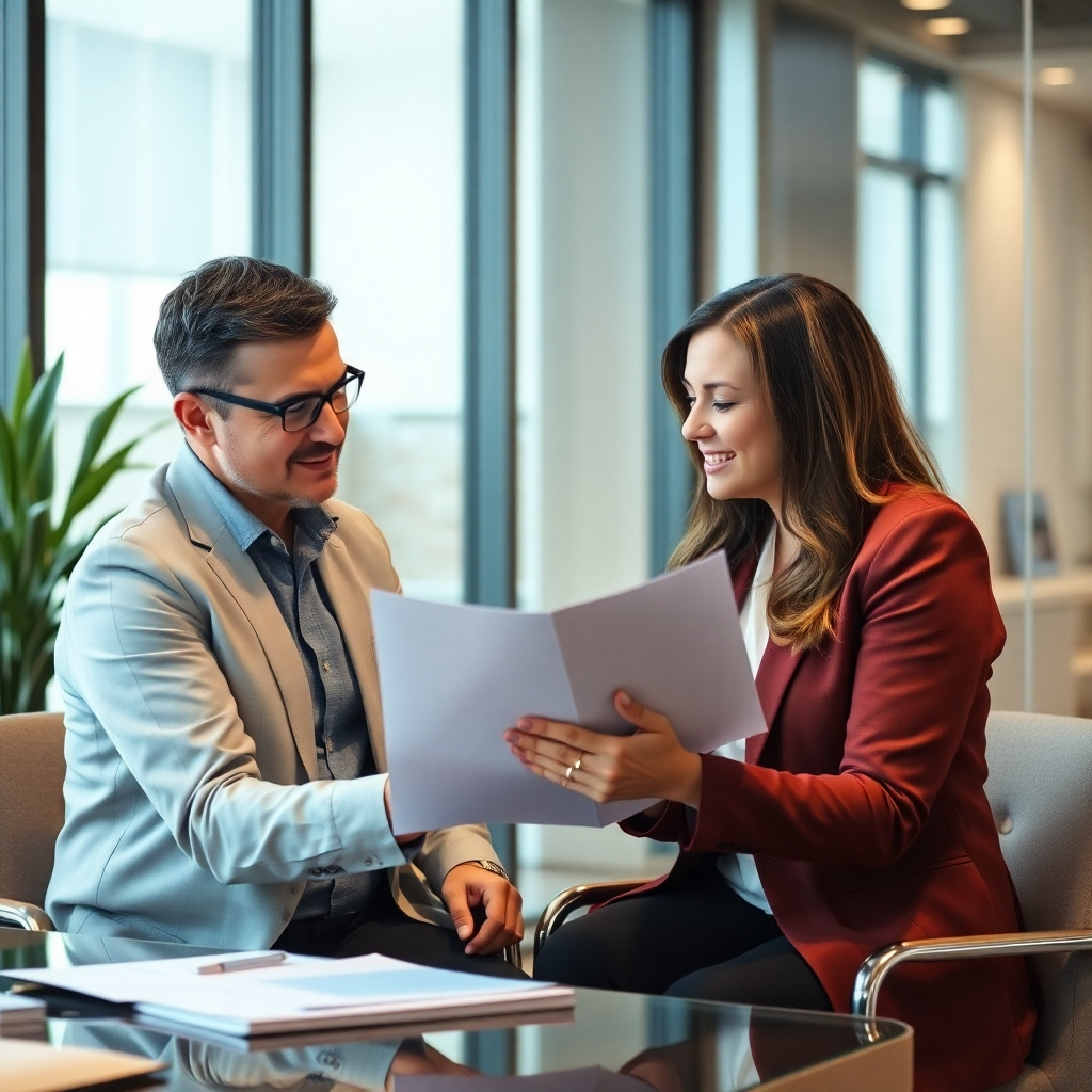 Create an image depicting a one-on-one consultation. A financial advisor is reviewing documents with a client in a modern office setting. The atmosphere is collaborative and supportive. Focus on the advisor's attentive expression and the client's sense of trust. The lighting should be soft and professional.
