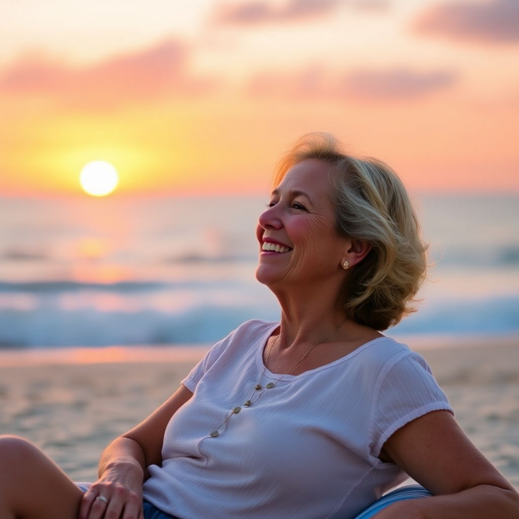 Create an image showing a mature woman relaxing on a beach at sunset. She is smiling and looking out at the ocean. The scene evokes a sense of peace, freedom, and financial security. The lighting should be warm and golden, creating a feeling of tranquility.
