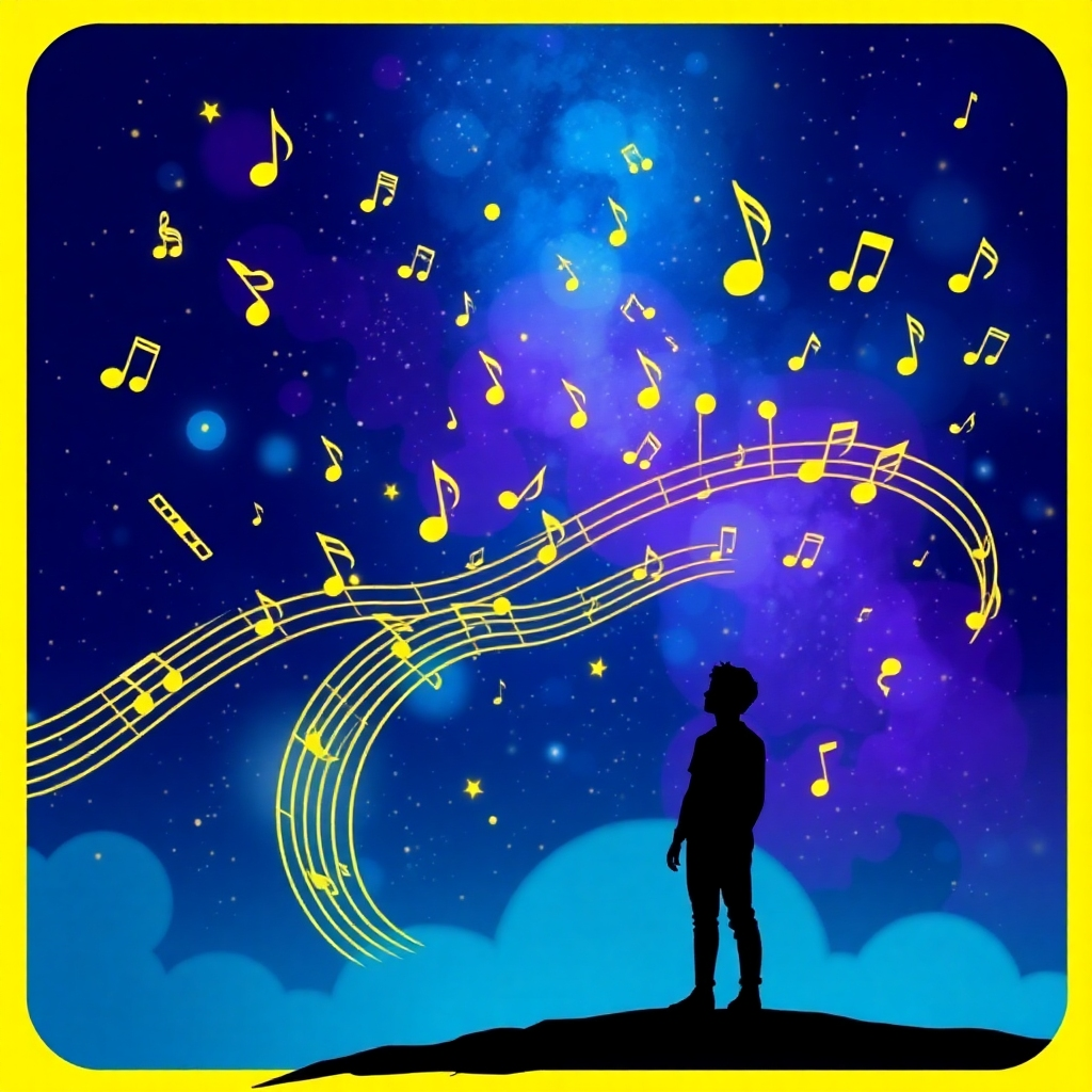Stylized digital art depicting a cosmic scene where music notes and sound waves converge, forming constellations representing various music genres. A silhouetted figure stands in awe, gazing at the musical universe. The color palette consists of deep blues, purples, and vibrant yellows to convey a sense of wonder and discovery. The overall design should feel ethereal and imaginative.