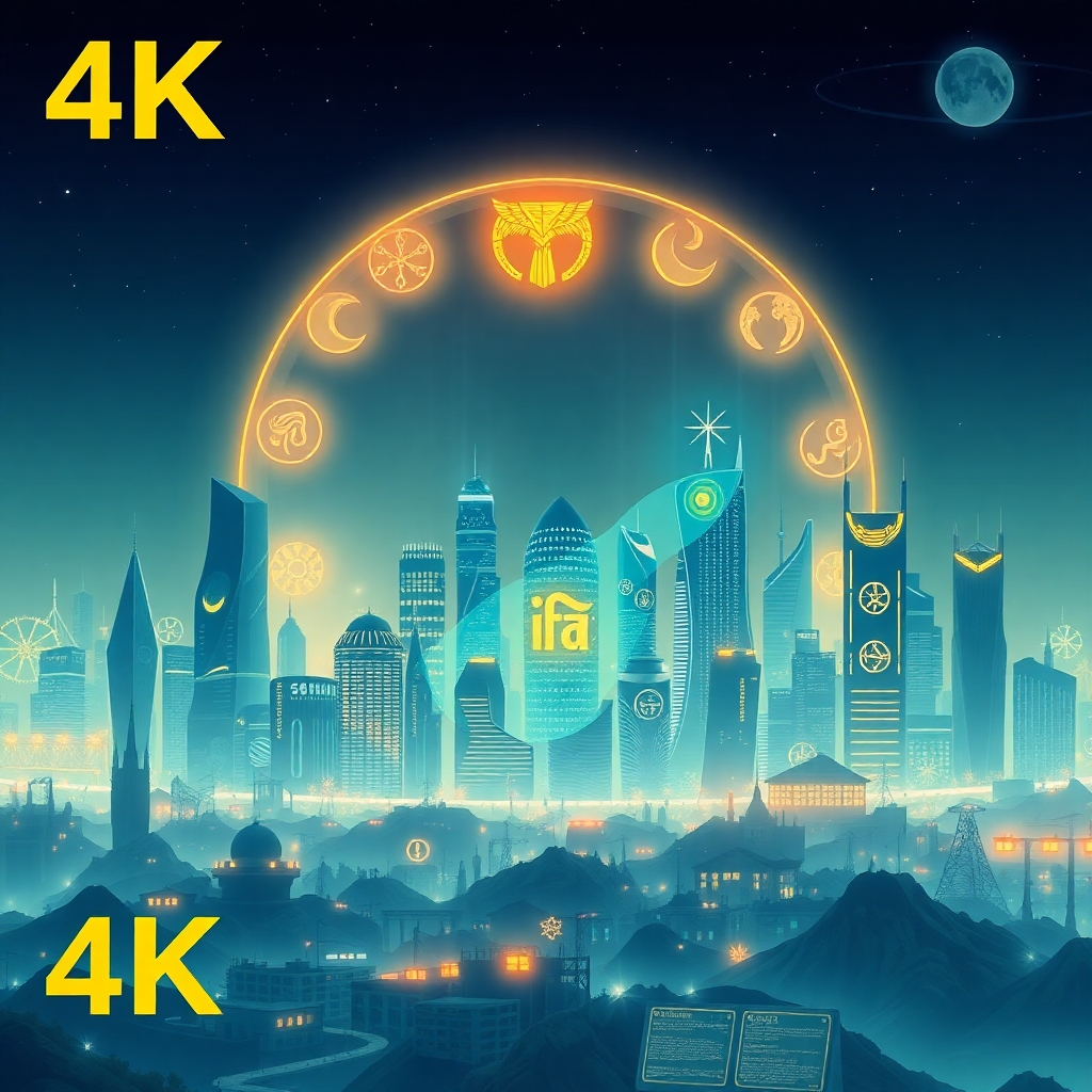 A futuristic city skyline with holographic projections of Ifa symbols integrated into the architecture. The city is powered by clean energy and its inhabitants are living in harmony with nature. The image symbolizes the application of Ifa wisdom to create a sustainable and equitable future. Style: Stylized, with a blend of futuristic and traditional elements. 4K, High Quality.