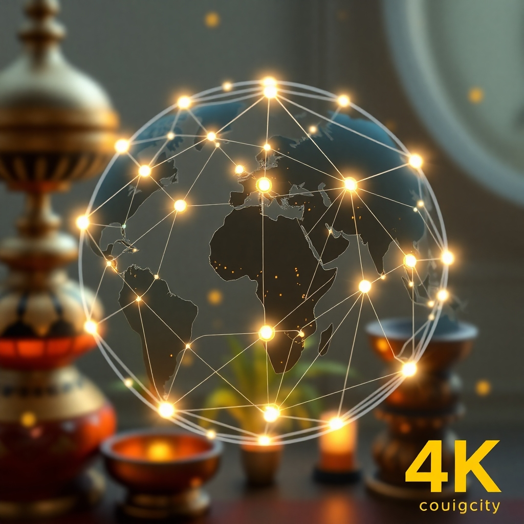 A global network of interconnected nodes, each representing an Ifa believer. Lines of light connect these nodes, symbolizing the sharing of knowledge and experiences. The background is a blend of traditional and modern elements. Style: Stylized, with a focus on global connectivity. 4K, High Quality.