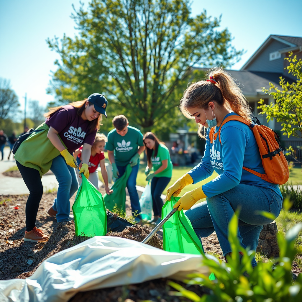 A photorealistic image depicting SBDA members participating in a community cleanup project. The scene should show people working together to improve their surroundings. The lighting should be bright and optimistic. Use a color palette of greens and blues. Style reference: community engagement photography with a focus on collaboration and positive impact.