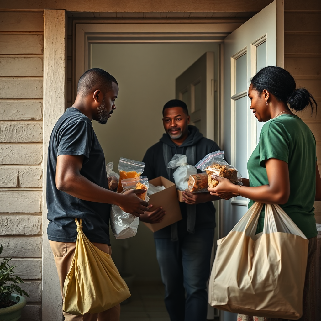 A photorealistic image depicting SBDA members assisting a family in need. The scene should show the delivery of food and supplies to a modest home. The lighting should be warm and compassionate. Use a color palette of earthy tones and muted greens. Style reference: documentary photography with a focus on human connection and empathy.