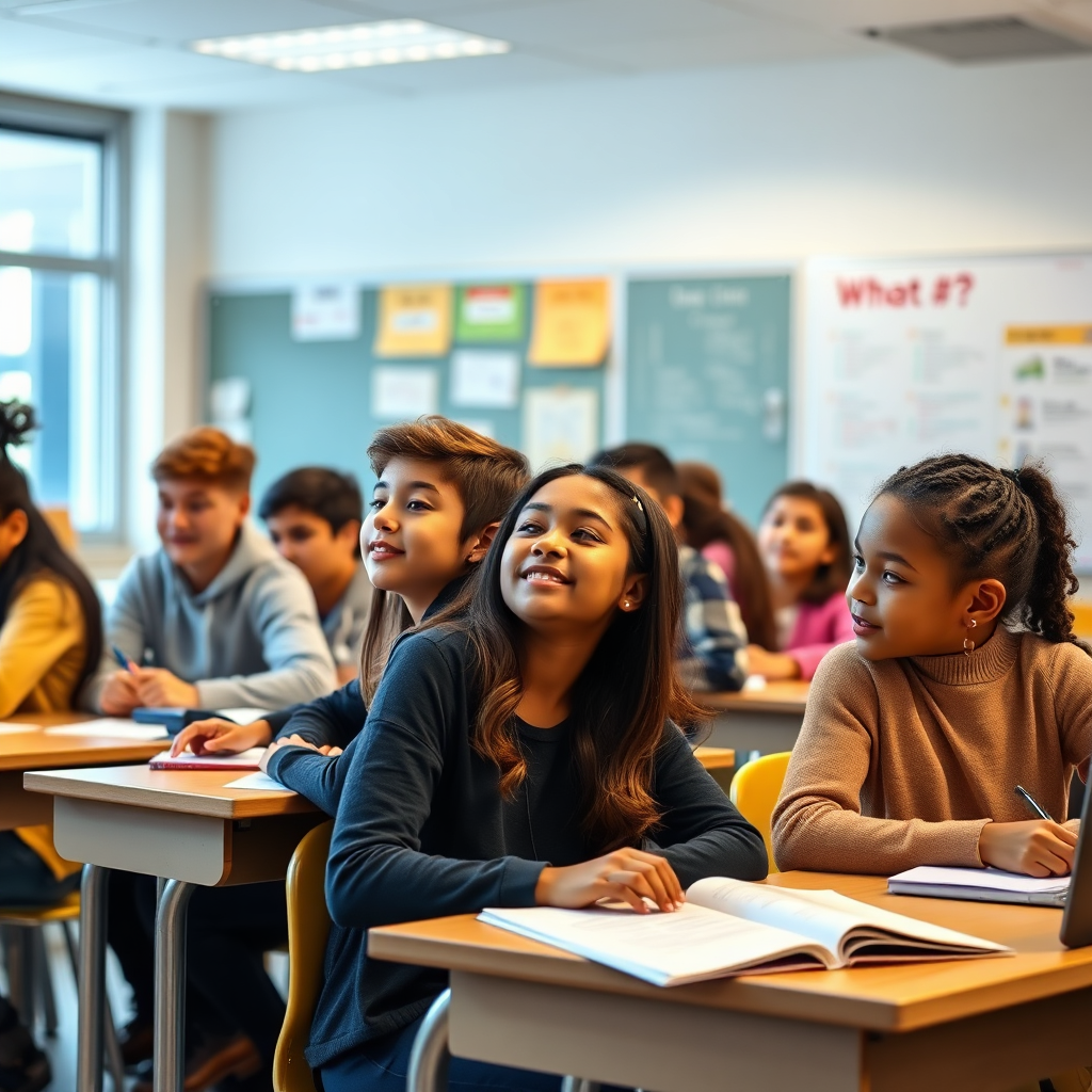 A photorealistic image depicting students in a classroom, engaged in learning. The classroom should be well-equipped and modern. The students should be diverse and enthusiastic. The lighting should be bright and encouraging. Use a color palette of vibrant blues and yellows. Style reference: educational photography with a focus on student engagement and achievement.
