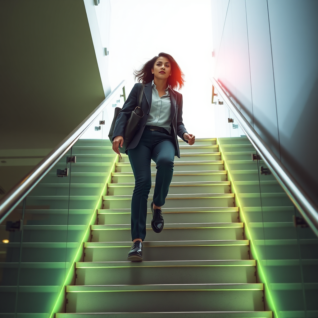 A photorealistic image depicting a young professional climbing a staircase towards success, symbolizing growth and development. The staircase should be well-lit and modern. The person should be confident and determined. Use a color palette of greens and golds. Style reference: motivational photography with a focus on ambition and achievement.