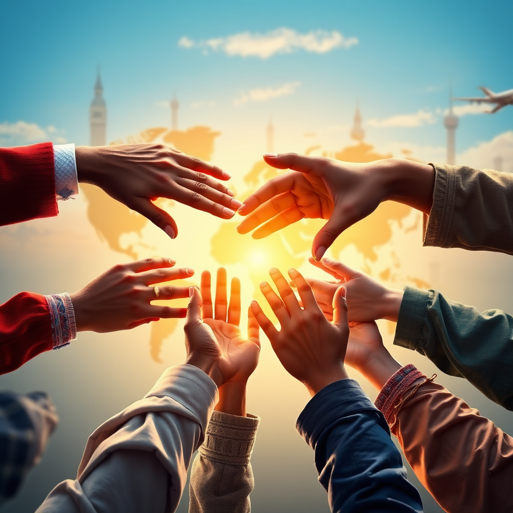 A photorealistic image depicting hands from different cultures reaching out to each other, symbolizing global collaboration and support. The scene should be set against a backdrop of world landmarks. The lighting should be warm and inviting. Use a color palette of vibrant colors from around the world. Style reference: global citizenship photography with a focus on unity and diversity.