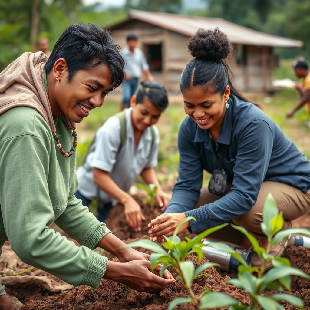 A photorealistic image depicting SBDA members volunteering in a community development project, such as building a school or planting trees. The scene should be set in a rural area and feature diverse participants. Use a color palette of greens and browns. Style reference: community engagement photography with a focus on positive impact.