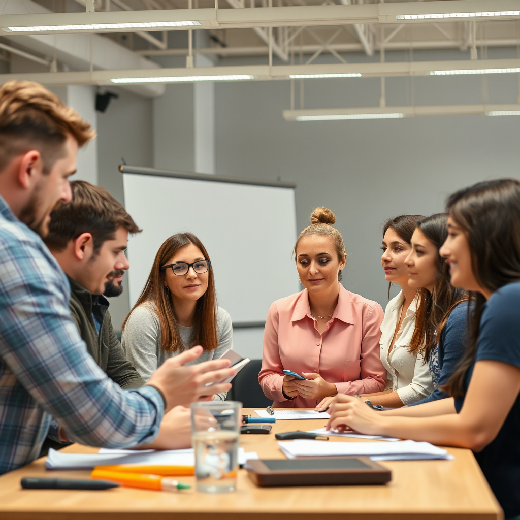 A photorealistic image of a group of people participating in a workshop with a professional trainer, focusing on skill-building activities. Workshop environment with training tools, diverse group, attentive participants, bright lighting. Style: Professional workshop setting.