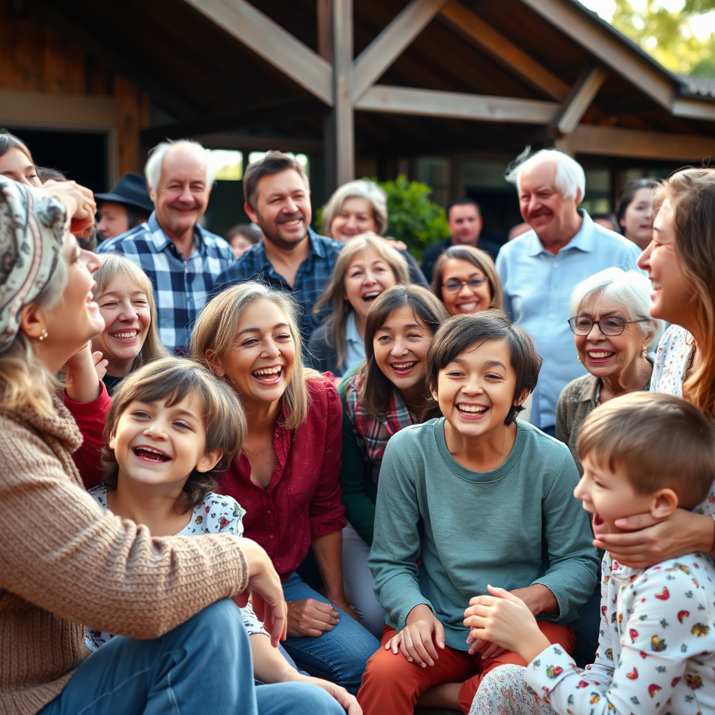 A photorealistic image of a large family gathering, with people of all ages laughing and interacting warmly. The scene should be set outdoors, with plenty of natural light. Use a color palette of warm earth tones and vibrant colors. Style reference: family photography with a focus on connection and joy.