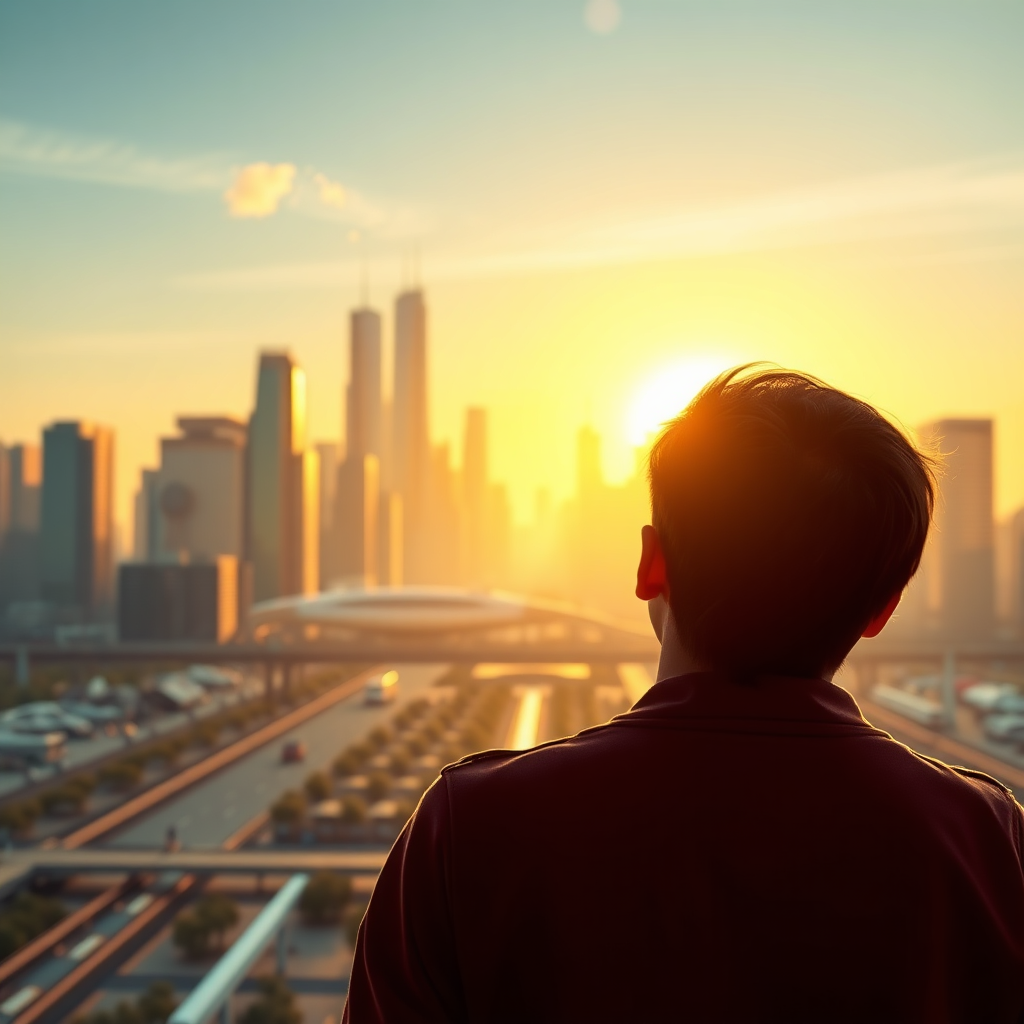 A photorealistic image of a person looking towards a bright, modern city skyline at sunrise, symbolizing progress and future opportunities. The person is facing forward. Sky is bright, futuristic looking city, Warm lighting. Style: Inspirational, futuristic.