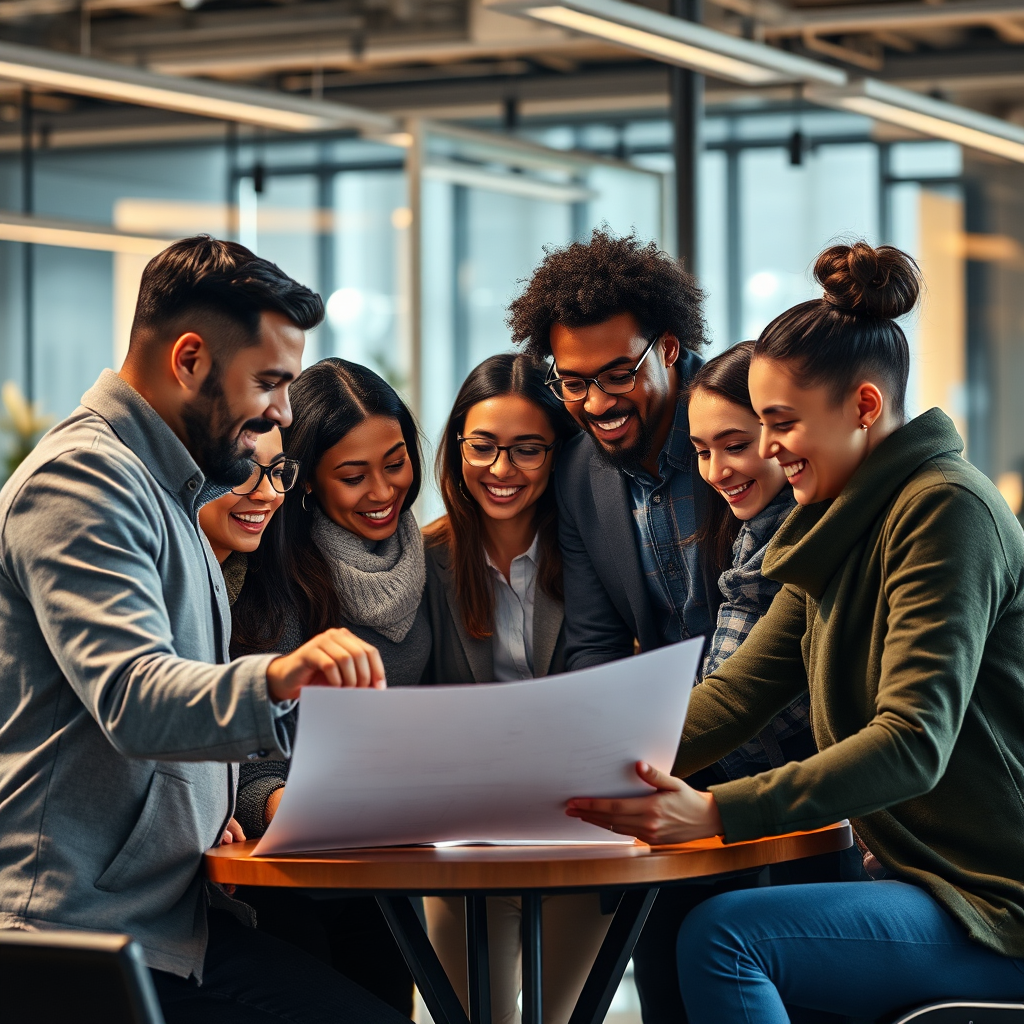 A photorealistic image showing diverse individuals working together on a project, showcasing collaboration and teamwork. Modern office setting, diverse ethnicities, positive expressions. Warm, inviting lighting. Focus on interaction and shared success. Style: Corporate stock, emphasis on diversity and synergy.