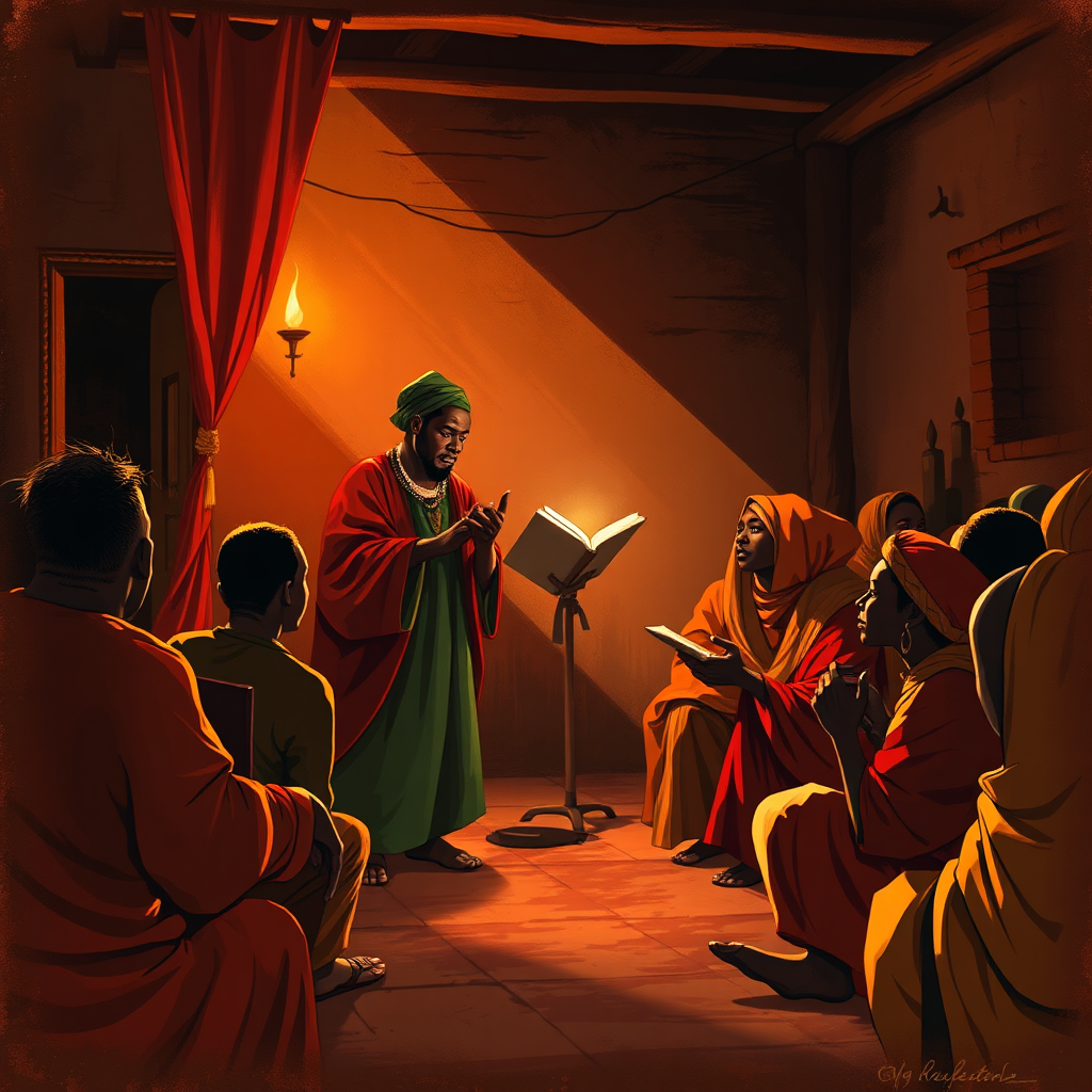 A stylized image depicting a traditional Nigerian storyteller captivating an audience with tales of the past. The scene should be set in a dimly lit room, with warm lighting and rich textures. Use a color palette of deep reds, golds, and browns. Style reference: historical illustration with a focus on atmosphere and emotion.
