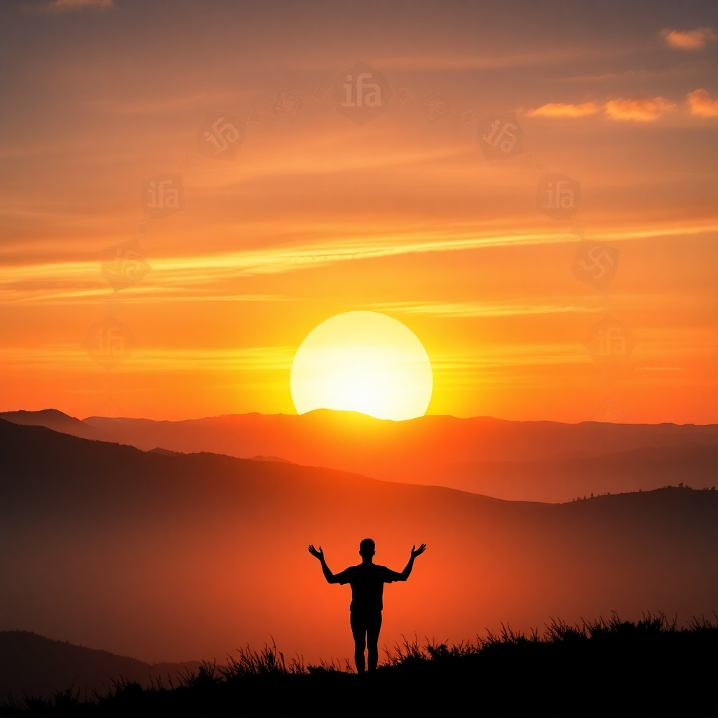 A sunrise over a serene landscape, with Ifa symbols subtly overlaid onto the sky. A person is seen meditating in silhouette in the foreground. The image should evoke a sense of peace, hope, and new beginnings. Use warm, vibrant colors to capture the beauty of the sunrise. Style: Photorealistic with a touch of spiritual symbolism. 4K, High Quality.