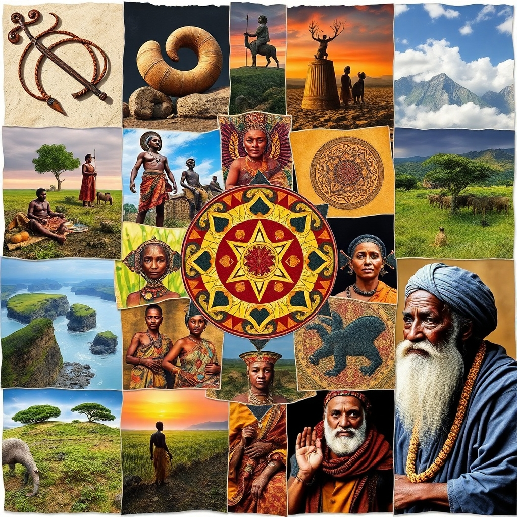 Create a collage of images representing the various aspects of the Odu Ifa: ancient Yoruba artifacts, landscapes of Nigeria, scenes of divination rituals, and portraits of wise elders. Arrange these images in a mosaic pattern, symbolizing the interconnectedness of all things. The overall composition should be balanced and harmonious. Use a variety of textures and colors to create visual interest. Style: Stylized collage with a focus on cultural authenticity. 4K, High Quality.