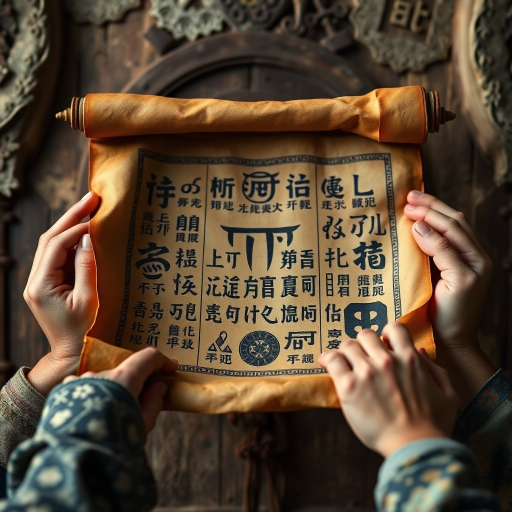 Create an image of an ancient scroll unfurling to reveal intricate Ifa symbols. The scroll is held by hands representing different ages and cultures, symbolizing the universal appeal of Ifa wisdom. The background should be a blend of historical and contemporary elements. Use a macro lens to capture the details of the scroll's texture and the symbols. Colors should be rich and warm. Style: Photorealistic with a touch of historical authenticity. 4K, High Quality.