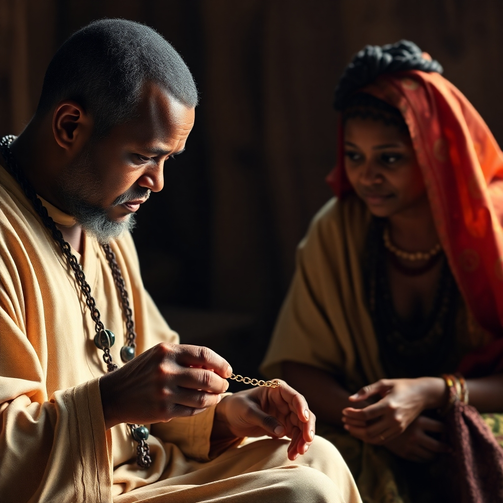 Create an image showcasing a traditional Ifa divination session in progress. An Ifa priest is consulting the Opele (divination chain) with a client looking on with hopeful anticipation. Soft, natural light illuminates the scene, highlighting the intricate details of the divination tools and the expressions on the faces of those involved. Focus should be on conveying a sense of trust, wisdom, and spiritual connection. The style should be photorealistic with a touch of reverence. 4K, High Quality.
