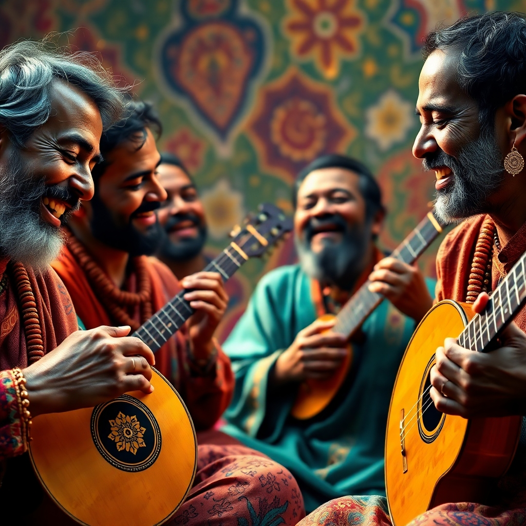 Depict a group of musicians playing traditional Ifa instruments, their faces filled with devotion and joy. The music is flowing through the air, creating a sense of harmony and connection. The background is a vibrant tapestry of colors and patterns. Style: Photorealistic with a focus on musical expression. 4K, High Quality.