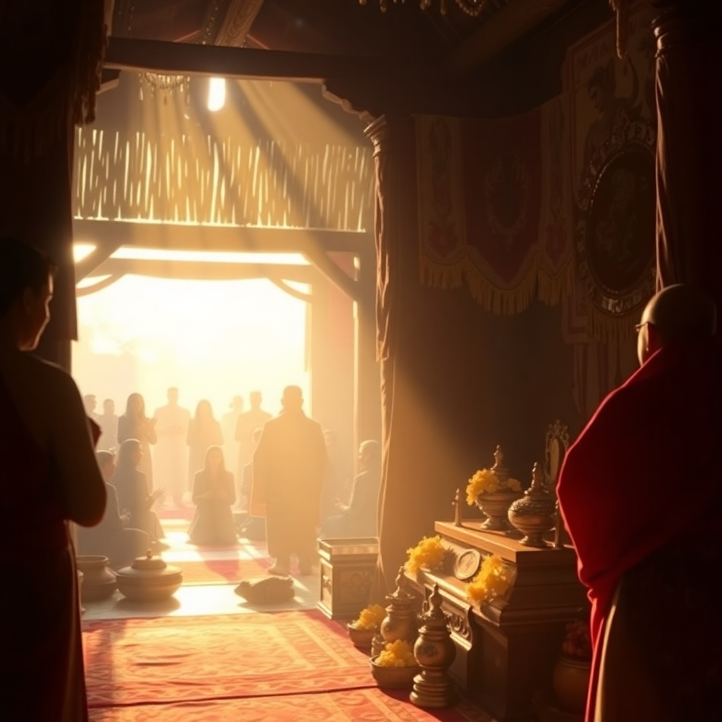 Depict a traditional Ifa shrine bathed in warm, inviting light. The shrine is adorned with offerings and symbols of reverence. In the background, a group of people are gathered in prayer and contemplation. The scene should convey a sense of peace, community, and spiritual connection. Style: Photorealistic with a focus on cultural authenticity. 4K, High Quality.