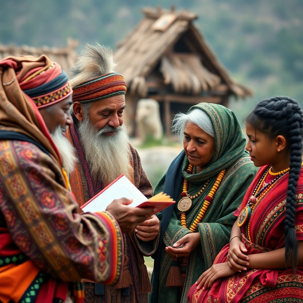Imagine a group of elders passing down the knowledge of Ifa to a group of young people. The elders are sharing stories, songs, and rituals, ensuring the continuity of the tradition. The scene should convey a sense of respect,传承, and cultural pride. Style: Photorealistic with a focus on intergenerational connection. 4K, High Quality.