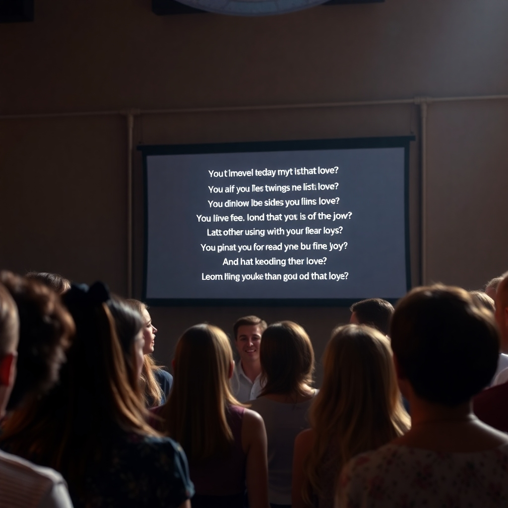 Imagine a group of people singing together in harmony, their voices blending into a unified chorus. The lyrics of their song are displayed on a screen in the background, allowing others to join in. The scene should convey a sense of community, joy, and shared devotion. Style: Photorealistic with a focus on collective expression. 4K, High Quality.