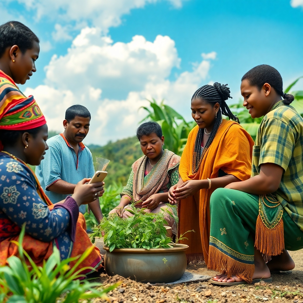 Imagine a group of people working together to build a strong and resilient community. They are using both traditional Ifa knowledge and modern technology to create a sustainable and thriving future. The scene should convey a sense of hope, collaboration, and preparedness. Style: Photorealistic with a focus on community empowerment. 4K, High Quality.