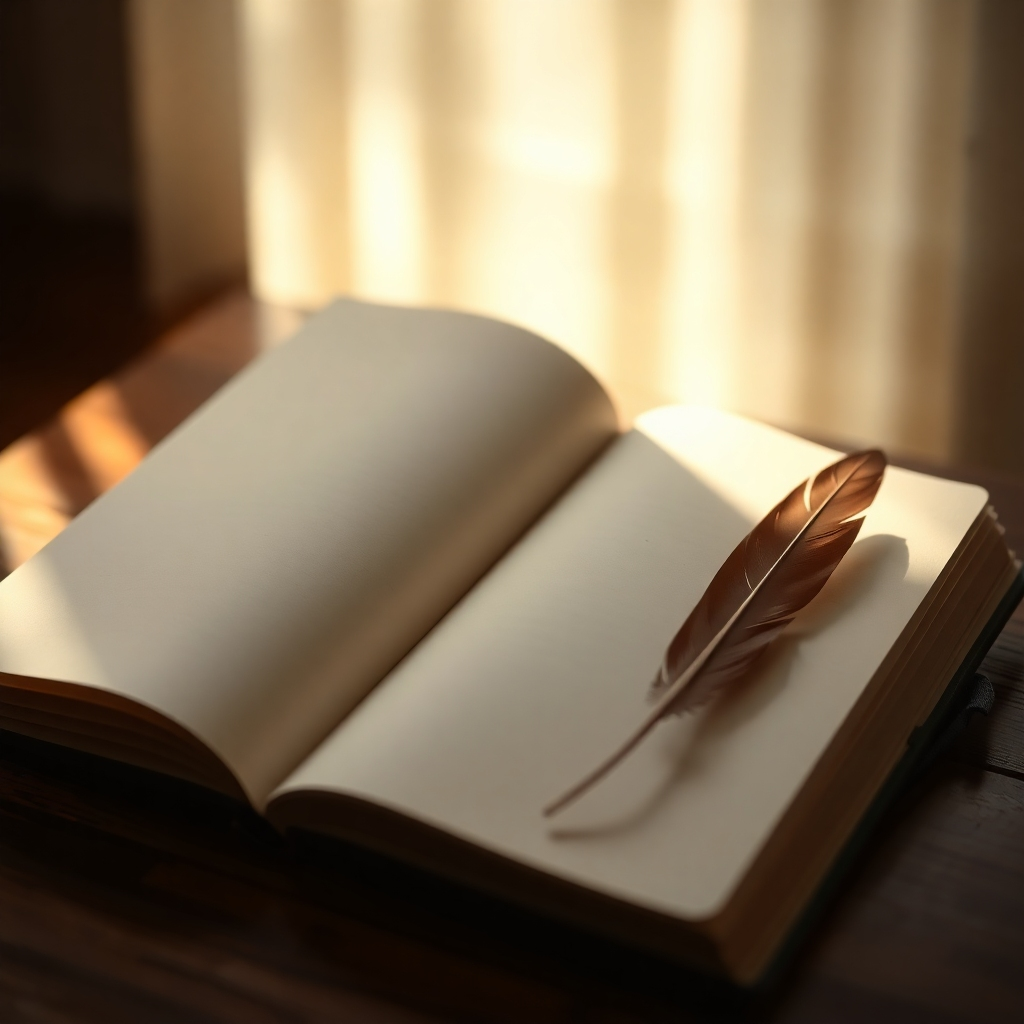 Imagine a journal open to a blank page, with a feather quill resting beside it. A single ray of sunlight illuminates the page, inviting reflection and contemplation. The background is blurred, creating a sense of intimacy and focus. Use a soft, diffused light to create a calming atmosphere. Colors should be muted and natural. Style: Photorealistic with a touch of artistic rendering. 4K, High Quality.