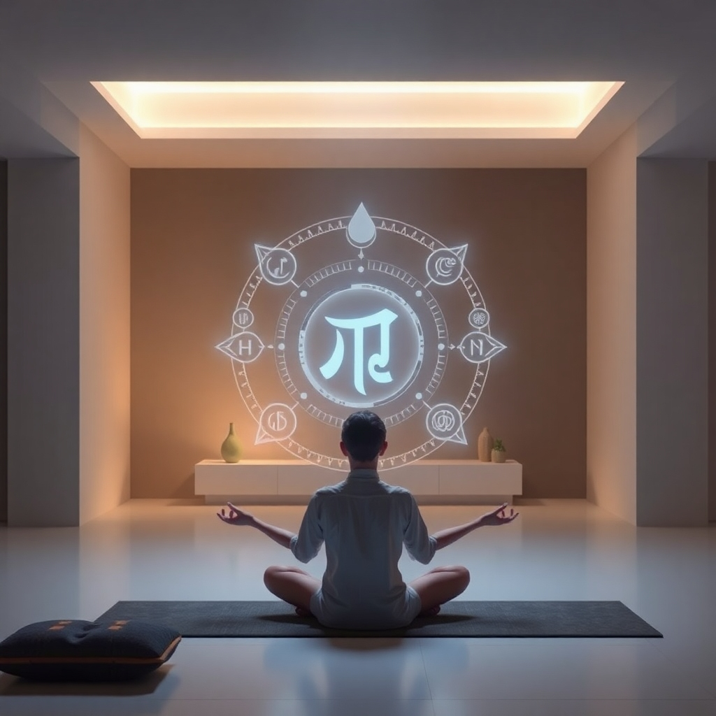 Imagine a person sitting in a modern, minimalist room, eyes closed in meditation, while a holographic projection of Ifa symbols floats in the air before them. The scene should convey a sense of peace and tranquility. Use a soft, diffused light to create a calming atmosphere. Colors should be muted and harmonious. Style: Photorealistic with a touch of futuristic technology. 4K, High Quality.